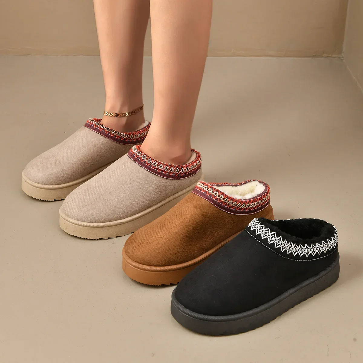 

Fashionable Thickened Plush Snow Boots Autumn Winter Half Slippers Cotton Shoes Rubber Upper Women's Footwear