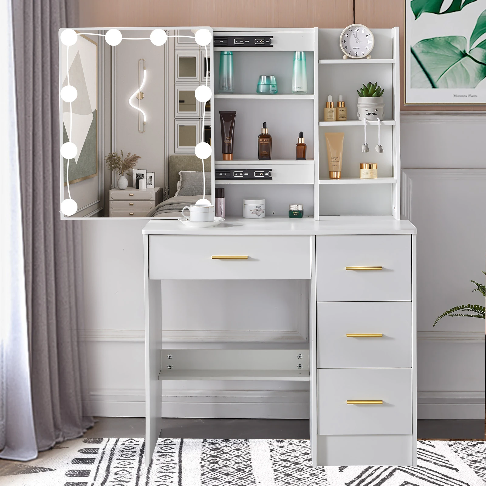 طاولة الزينة الحديثة، طاولة الزينة، مرآة مضاءة أنيقة مع 4 أدراج #2