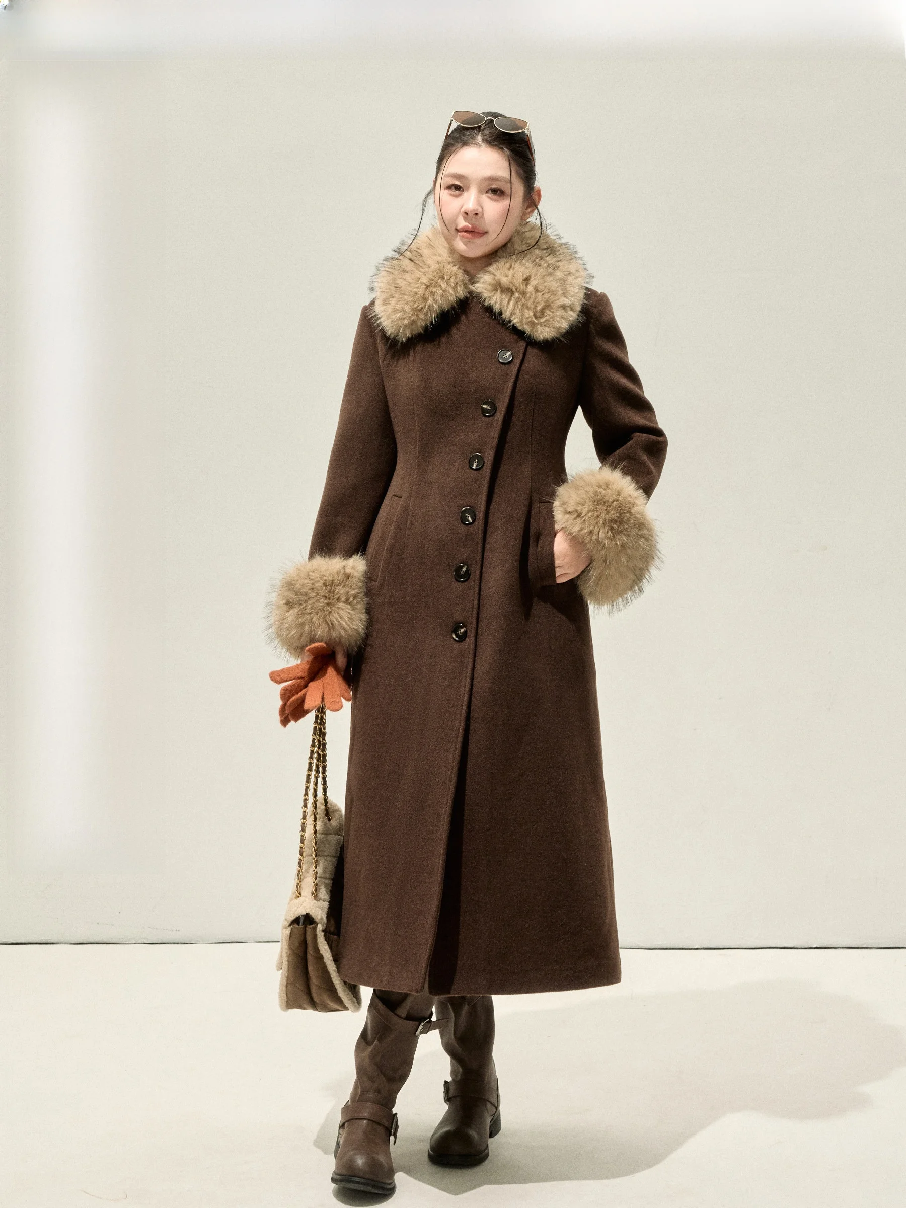 

plus Size Faux Fur Trim Coat Waist Cinching Asymmetrical Design for Plump Women Commute Sle Long Pants Thi Winter Coat