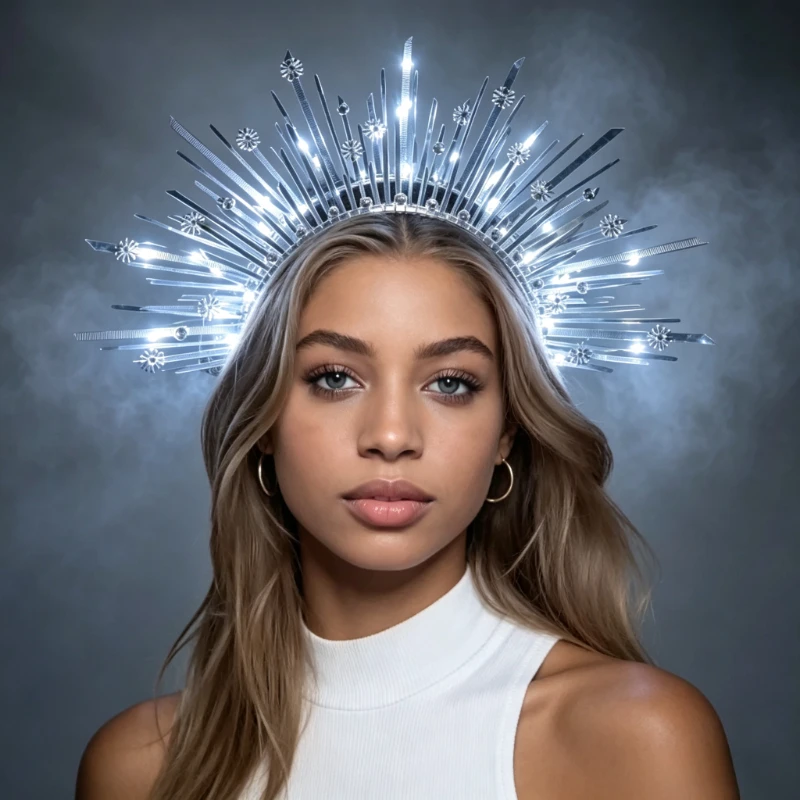 Light Up Sunburst Halo Crown, Silver Radiant Headpiece with LED Glowing Lights and Rhinestones, Headband for Bridal Photoshoot