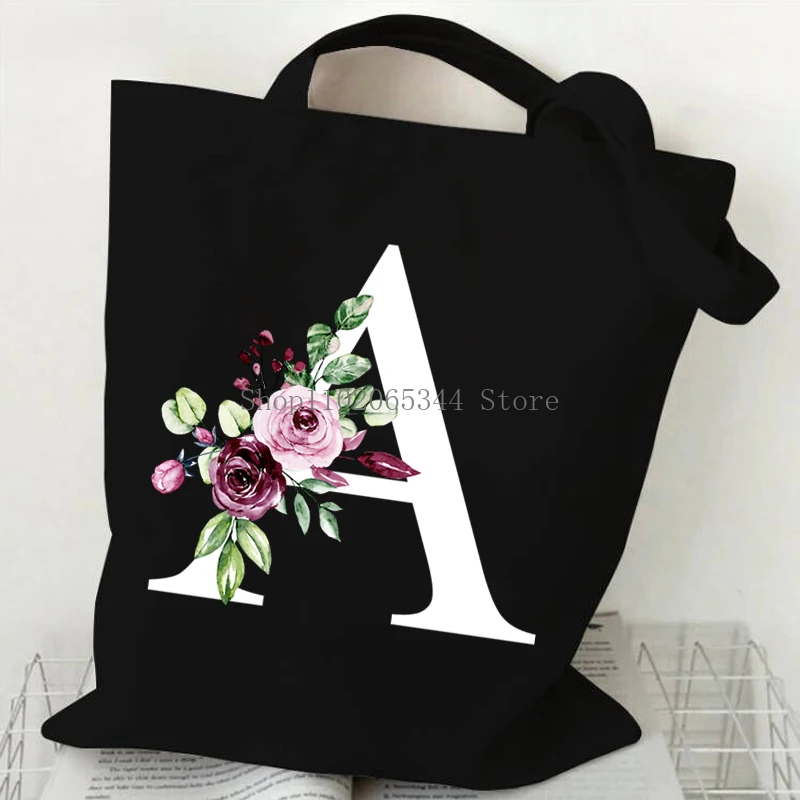 1Pcs Women's A-Z 26 Alphabet Tote Bag Canvas Flower Trend Letter Large Capacity Commuter Bag Convenient Practical Y2K Handbags