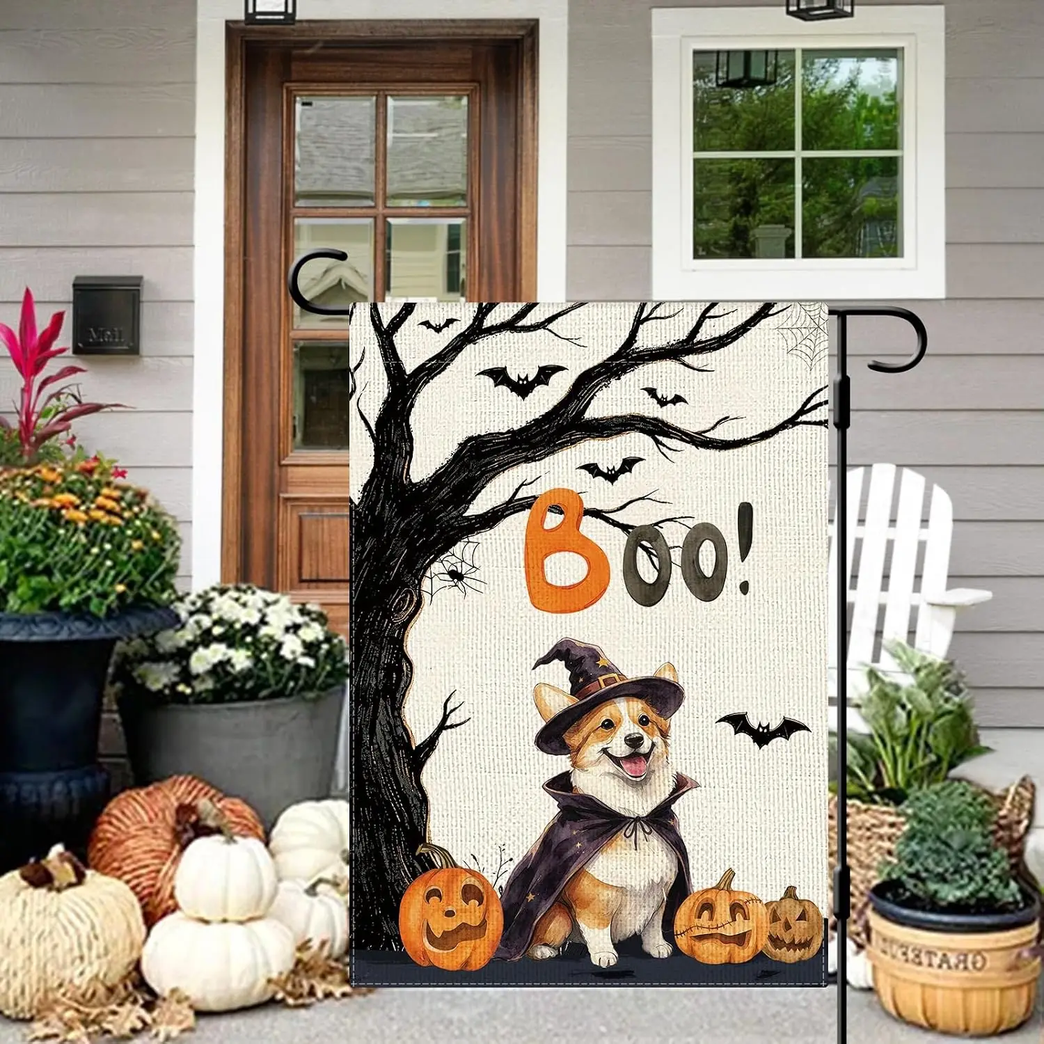 DLZDN Halloween Dog Garden Flag Boo Corgi Pumpkin Flag 12×18 Inch Double Side Vertical Burlap Farmhouse Yard Sign Seasonal H aaz