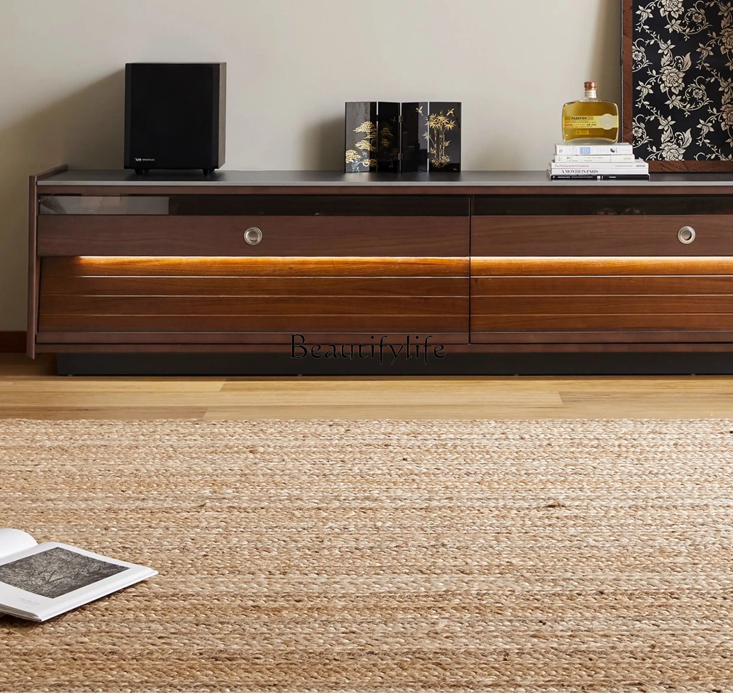 

Light sandalwood retro solid wood living room floor TV storage locker integrated