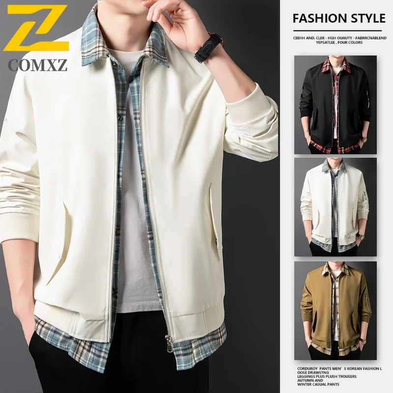 

COMXZ 2025 Men American Vintage Flight Jacket Fake Two Piece Plaid Loose Fit Casual Fashion Coat Trendy Street Style