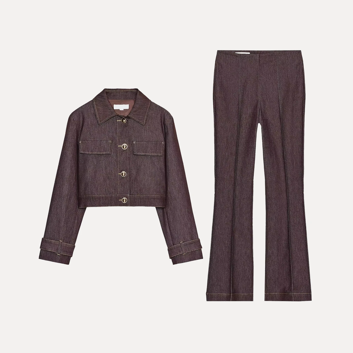 طقم Z للسيدات من Faion سروال واسع عالي الخصر وخياطة ort لون Blo Jaet لخريف 2025 طويل Sve بياقة عالية