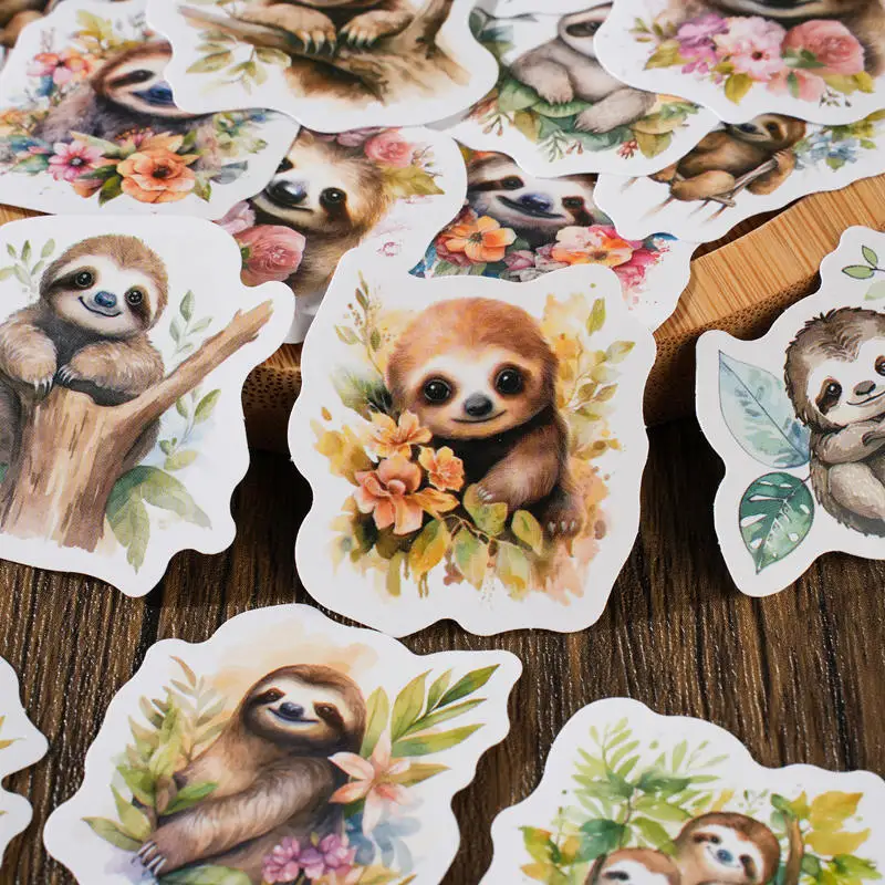 46pcs PVC Cute Cartoon Animal Sloth Collage Rich Patterns Student DIY Stationery,Cups,Mobile Phones Decoration Stickers