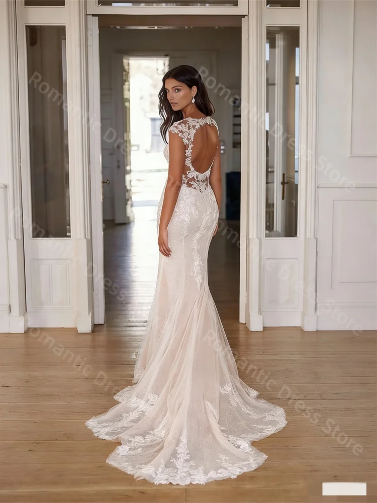 Romantische Meerjungfrau Maßgeschneiderte V-ausschnitt Ärmellose 2025, Spitze Hochzeit Kleid Braut Kleid Backless Für Frauen Vestido De Noiva