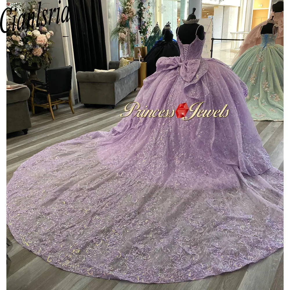 

Lilac Sequined Appliques Lace Ruffles Ball Gown Quinceanera Dresses Spaghetti Strap Beading Crystal Sweet 15 Birthday