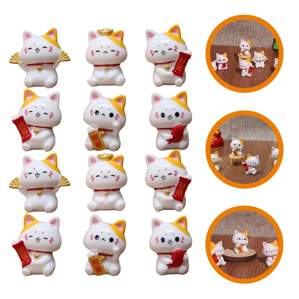 

12pcs Mini Resin Lucky Cat Figurines Statue Decor Micro Landscaping Ornaments Planter Charm Fortune Cat Kitten Models Plant