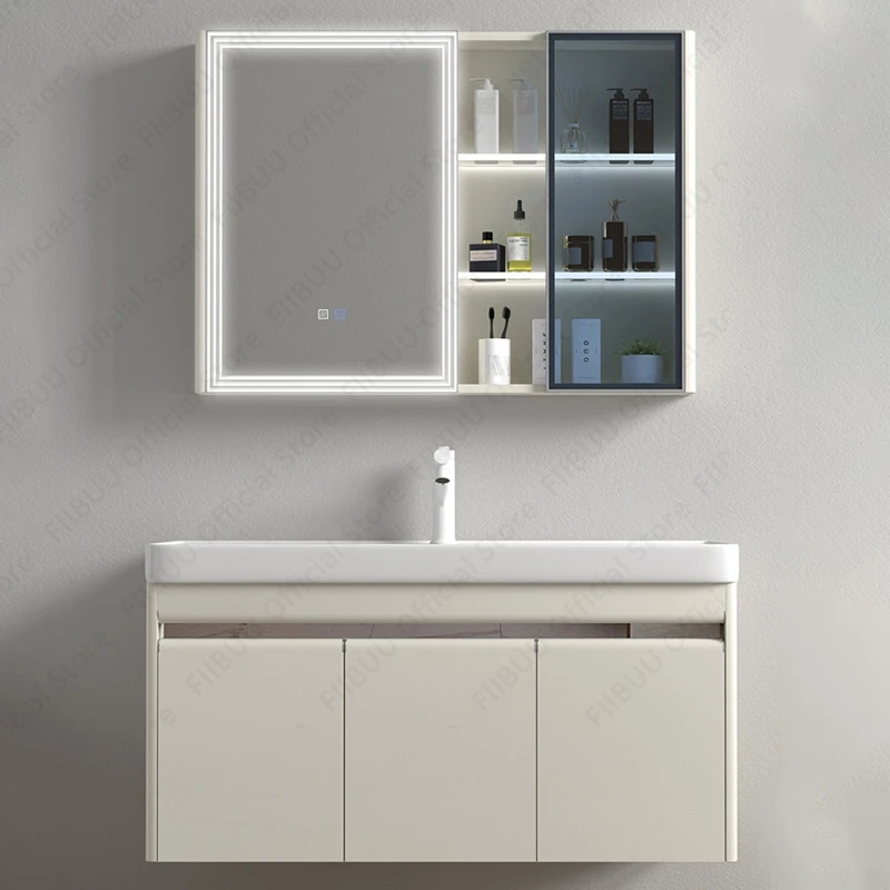 

Modern Floating Bathroom Vanity Combo With One Piece Wash Sink Basin Mirror Cabinet Design for Large Storage With Faucet Drain