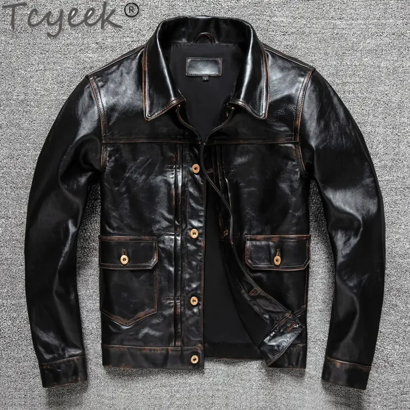 Tcyeek Men's Genuine Leather Jacket Winter Men's Clothing Horsehide Coats Casual Slim Jackets New Chaqueta De Cuero Hombre LM543