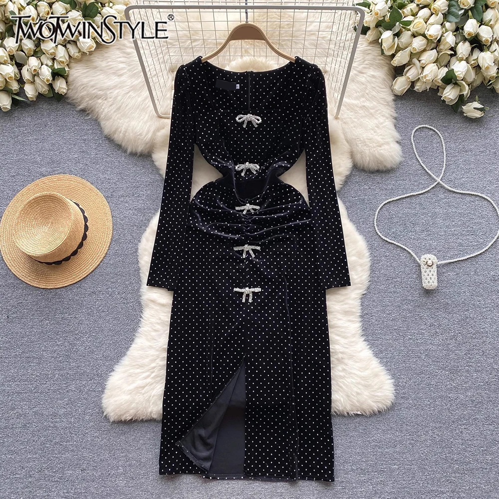 TWOTWINSTYLE Patchwork Diamonds Chic Dress For Women Square Collar Long Sleeve High Waist Split Dresses Female Style KDR513138