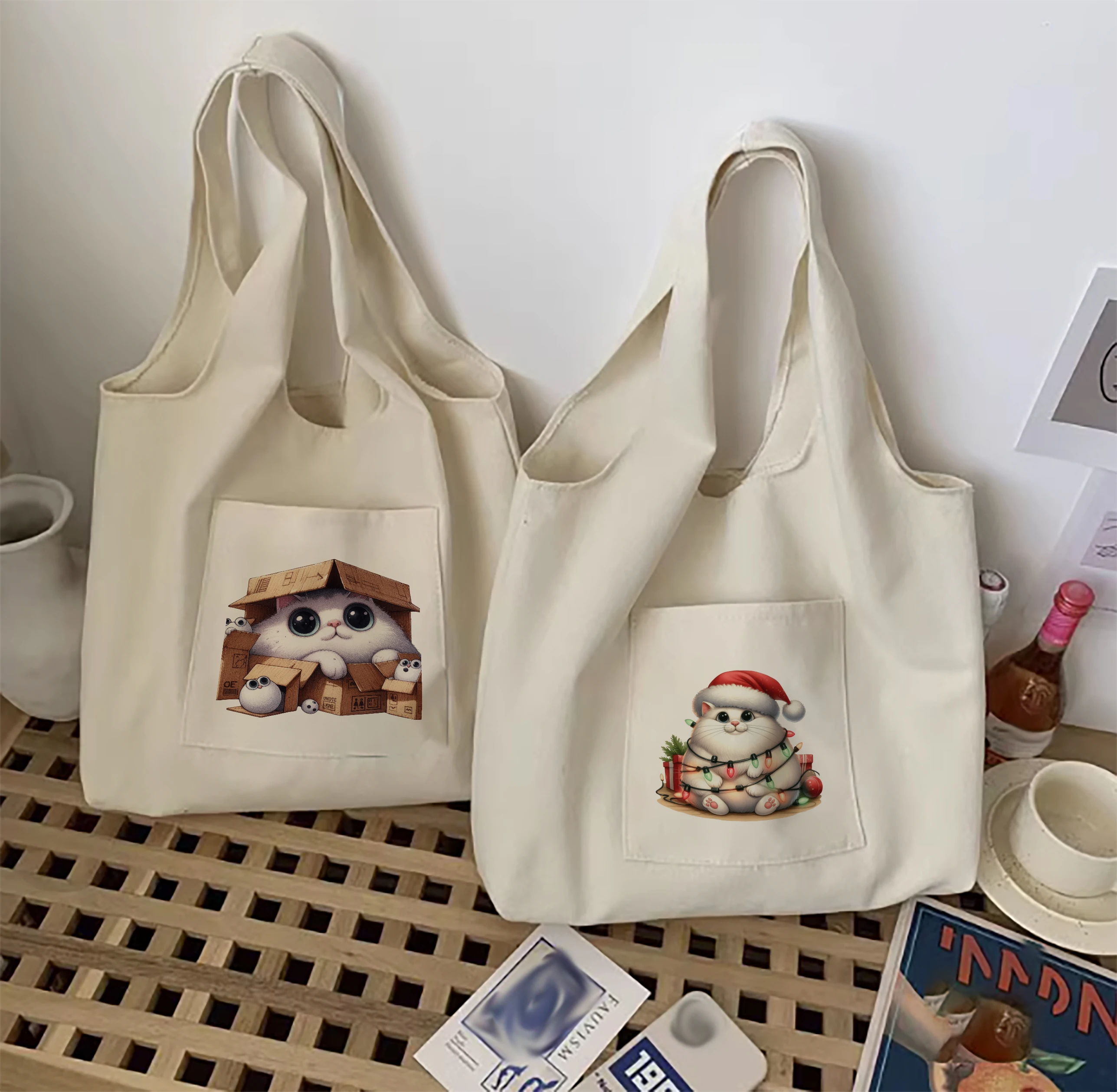 

Christmas shopping bag reusable grocery store cute cat vest bag women's canvas shopping bag convenient shopping bag