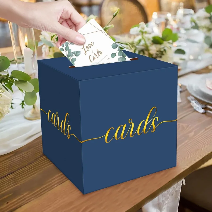 1 Pack Navy Blue and Gold Foil Card Box for Party 8.7" Navy Blue Gift Card Box Money Box for Birthday Wedding Baby Shower Retir
