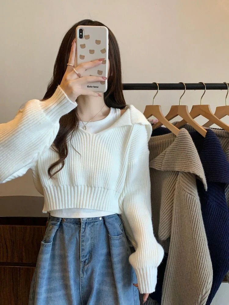Deeptown Korean Style Autunm Winter Turn Down Collar Cropped  Sailor Collar Long Sleeves Loose Pullovers All-matched Knitwear