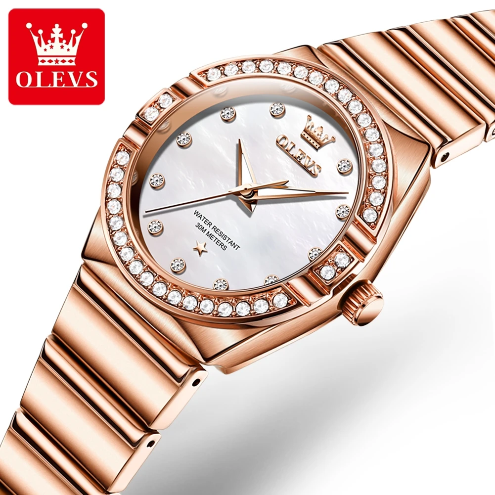 OLEVS Fashion Women Watch Top Brand Luxury Rose Gold Stainless Steel Strap Waterproof High Quality Diamond Women Dress Watch