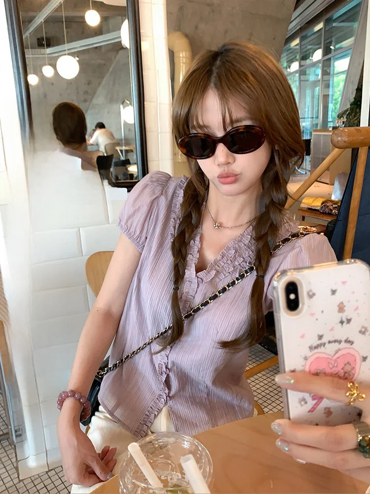 

Miaolab Silk antung Ruffle Collar Slim Fit irt Women's New Sle Commute Korean Version Breathable Skin-friendly ort Sl...