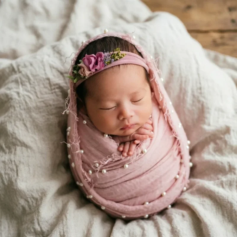 Fringed Cotton Hemp Wrap Cloth With Pearl Decoration Breathable Swaddle Fabric Newborn Portrait Studio Shooting Posing Prop