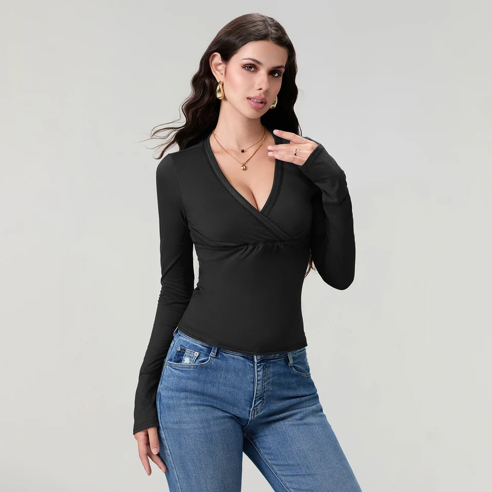 Women's Spring Fall Tops Solid Color Long Sleeve Wrap V-Neck