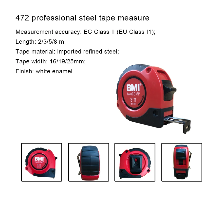 BMI 2m/3m/5m/8м Compact Wide Blade Magnetic Tape Measures with mm Graduation for Designer, Decorator NO.472 241|472 541