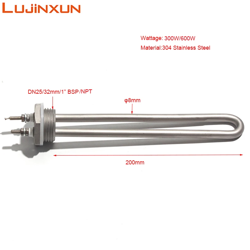 LUJINXUN 1 "elemento calentador de agua eléctrico tubo de calefacción DN25/32mm 12V24V36V48V 200W300W600W900W 304SUS tubo con contratuerca 1 ud.