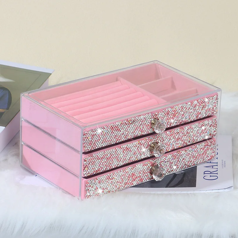 Rhinestone Three Layer Velvet Jewelry Storage Box Transparent Earring Jewelry Organizer Ring Display Jewelry Box Dust Proof Case