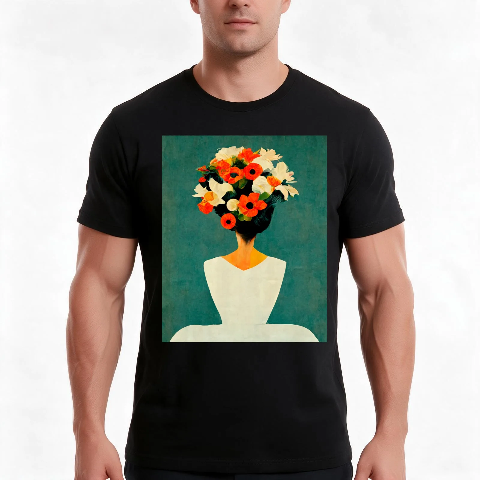 Silhouette of a woman with flowers in her head T-Shirt, Summer Casual Cotton Tee, Oversized Streetwear Tops, Unisex Men Women