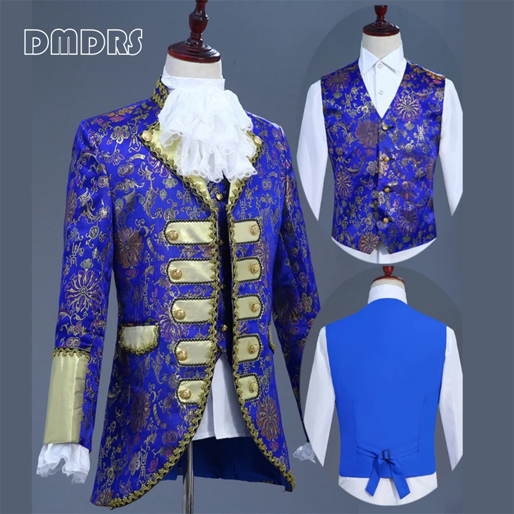 

Vintage Costume Men's 3 Pieces Suit Set, Medieval Luxury Gold Lace Blazer Vest Pant Tuxedo For Men Plus Size Dress Wear