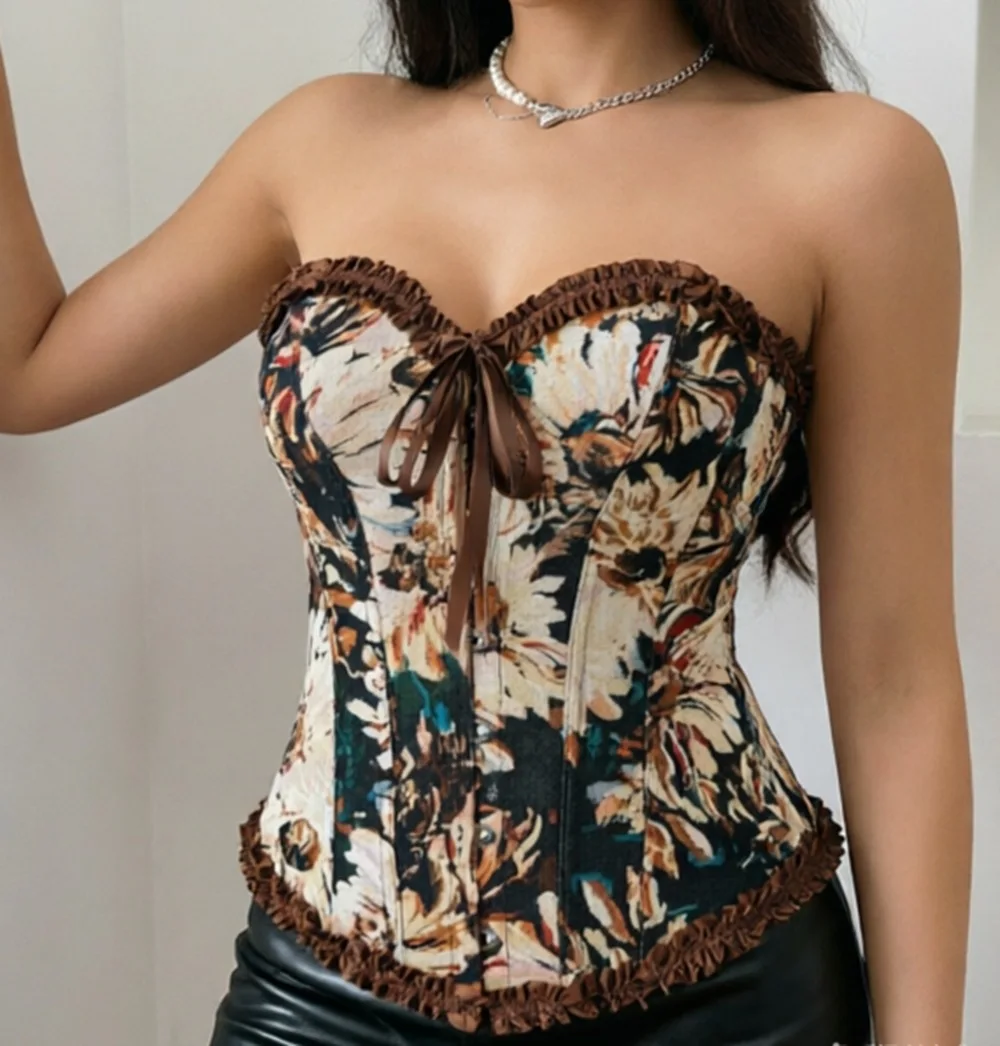 

Women's Vintage Corset Top Floral Print Fishtail Trim Cinching Tie Vest Y2K Ruffled Lace Bracket Fishtail Top Sexy Classic Tops