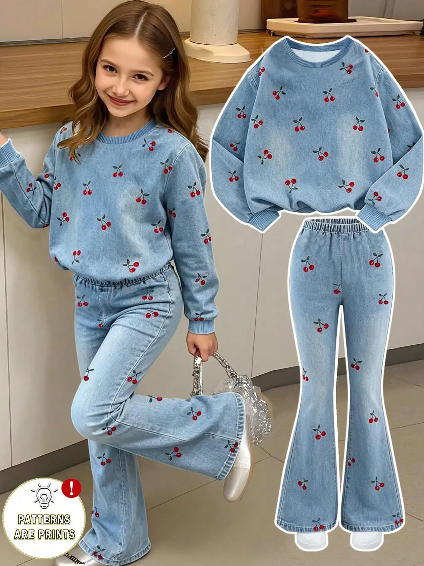Girls' Autumn Outfit with Cherry Print, Round Neck, Loose Long Sleeves, Elastic Waist, Two-Piece Set, Blue Faux Denim Clothing Suitable for Children over 3 Years Old, Versatile for Home and Outdoor Wear