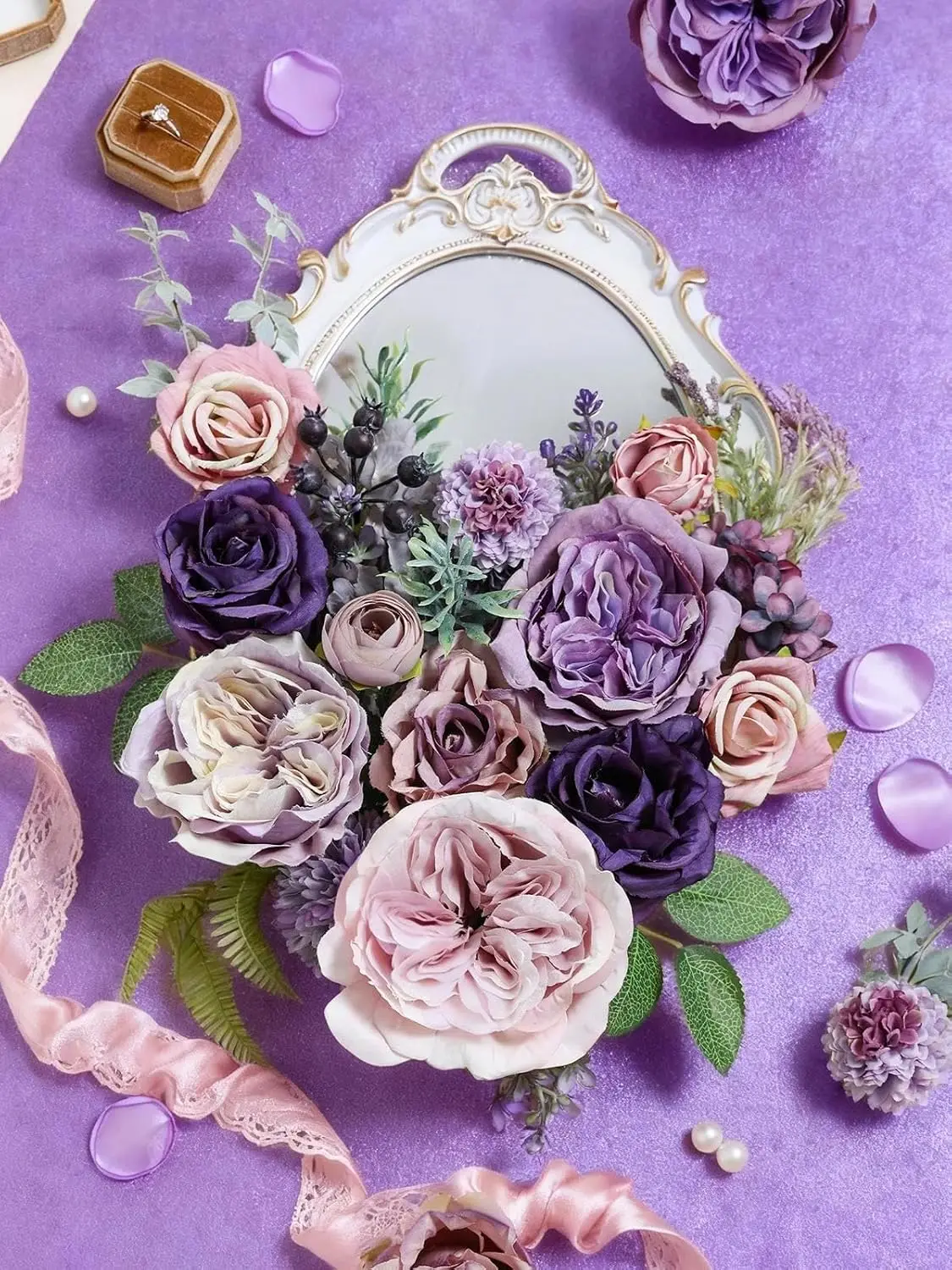 Purple rose artificial flower combination box set, bride bouquet, outdoor/indoor DIY center piece, for decoration