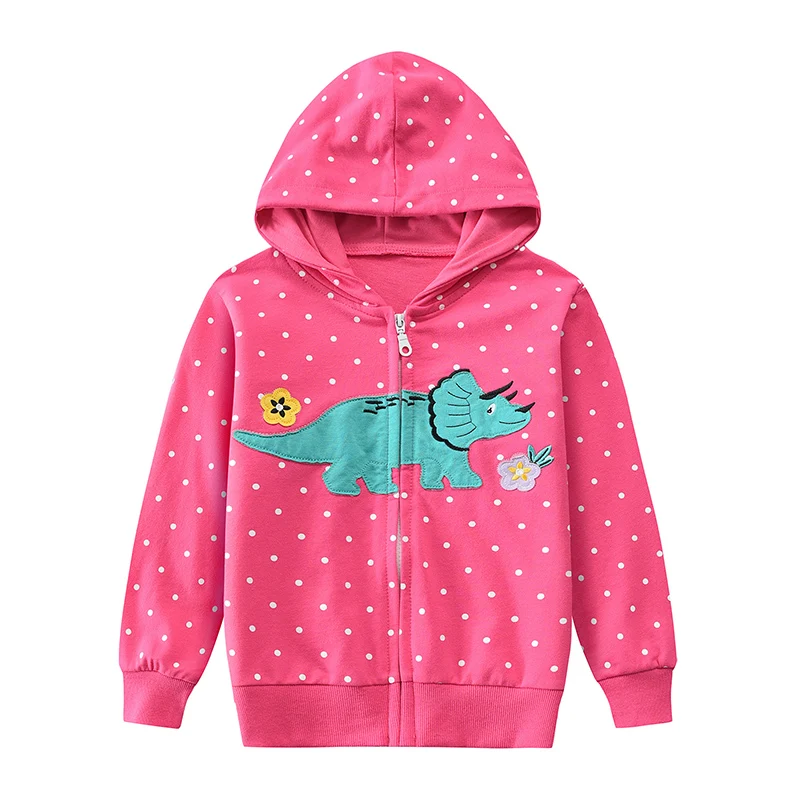 Little Hand Cute Dinosaur Flower Kids Hooded Jacket Full‑Zip Long Sleeve Spring Autumn Casual Outer Coat for Toddler Girls 2‑7Y