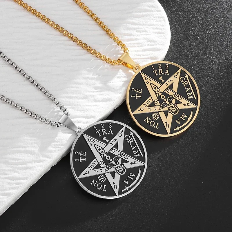 Colar de pentagrama de bruxaria de aço inoxidável para homens judeu hebraico quatro letras salomon pingente runa amuleto jóias