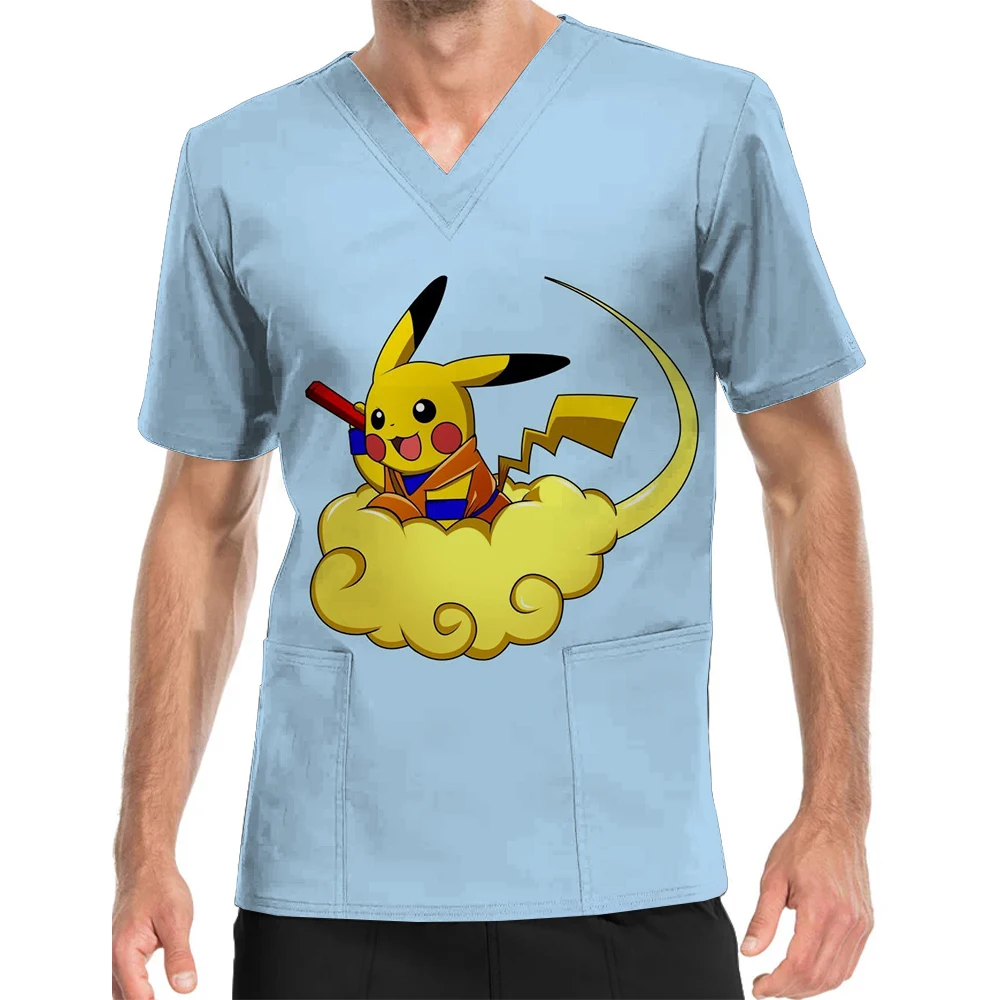 Short Sleeve V-Neck Print Scrub Top Pokemon Print Veterinary Clinical Uniform Children's Center Nursing Home Nursing Clothes