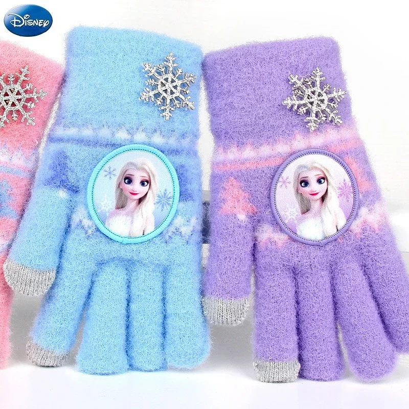 قفازات ديزني الأصابع الجليدية والثلج الأميرة عائشة فتاة محبوكة الكرتون الشتاء الدافئة خمسة أصابع طفل قفازات شاشة اللمس