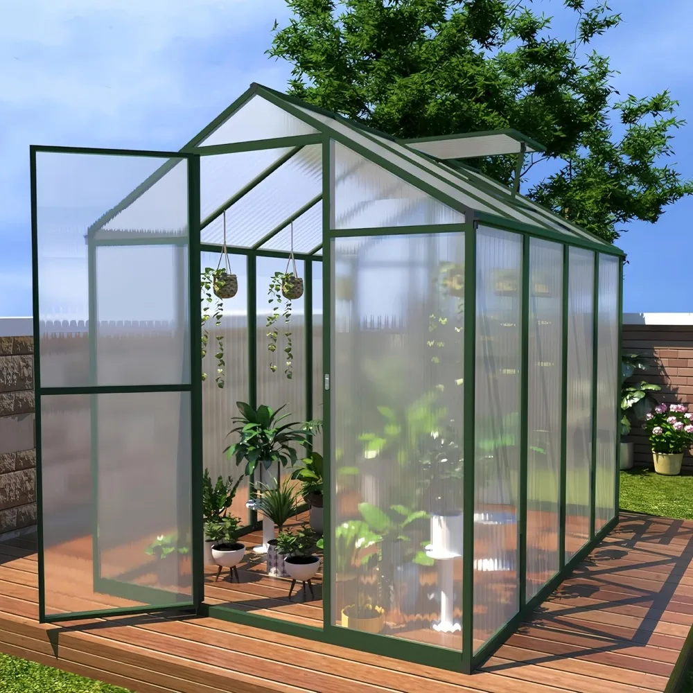 

Outdoors Polycarbonate Greenhouse with Stronger Wind Protection and Roof Vent, Walk-in Aluminum Sunroom Winter Proof Greenhouse