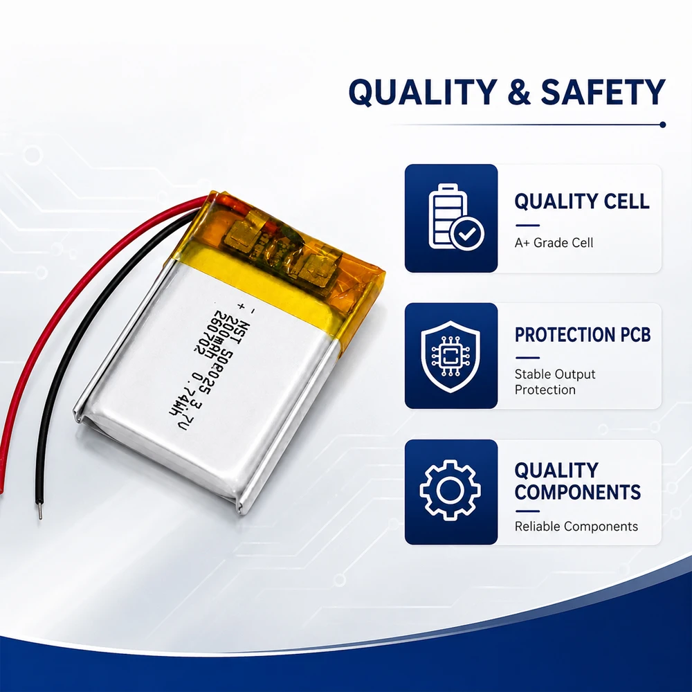 502025 Bateria LiPo 3.7V 200mAh, ładowalna bateria litowo-polimerowa, zamiennik do słuchawek Bluetooth i lokalizatora GPS — zdjęcie produktu 2
