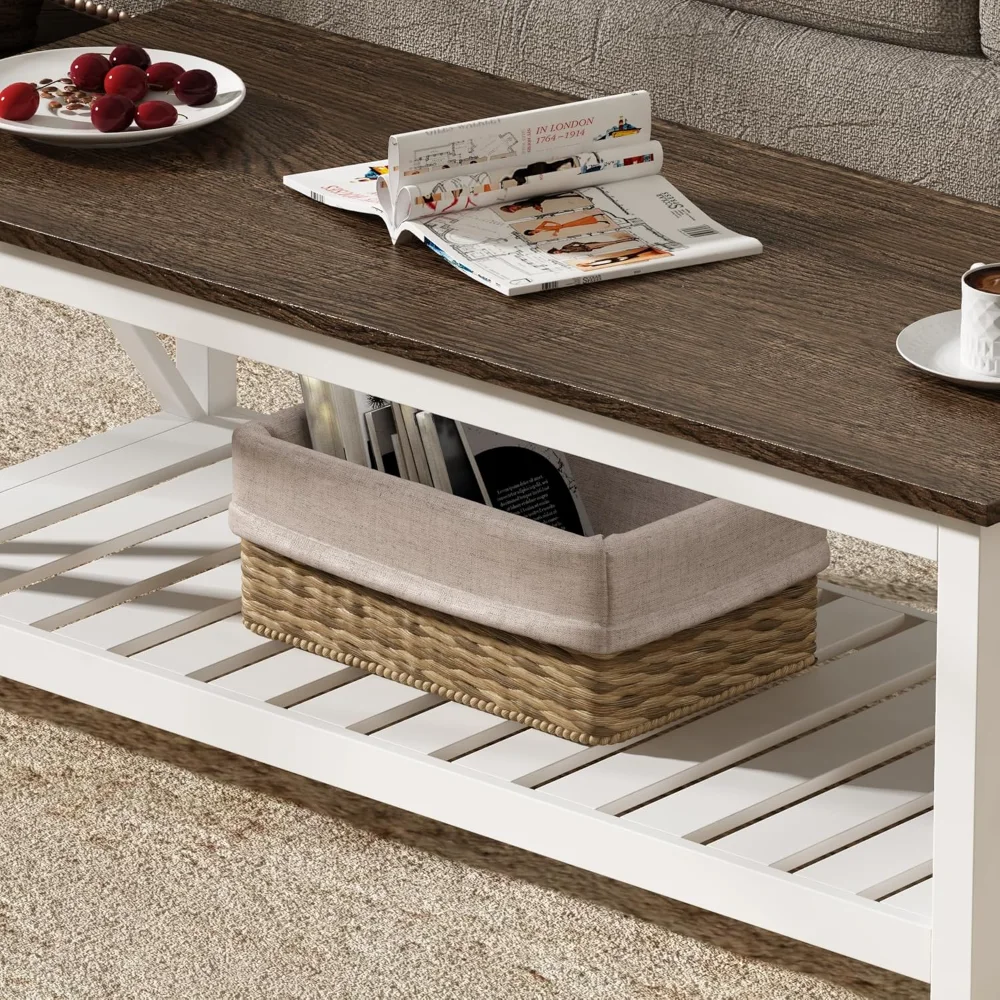 Farmhouse Coffee Table, Rustic Vintage Living Room Table with Shelf, 47 White