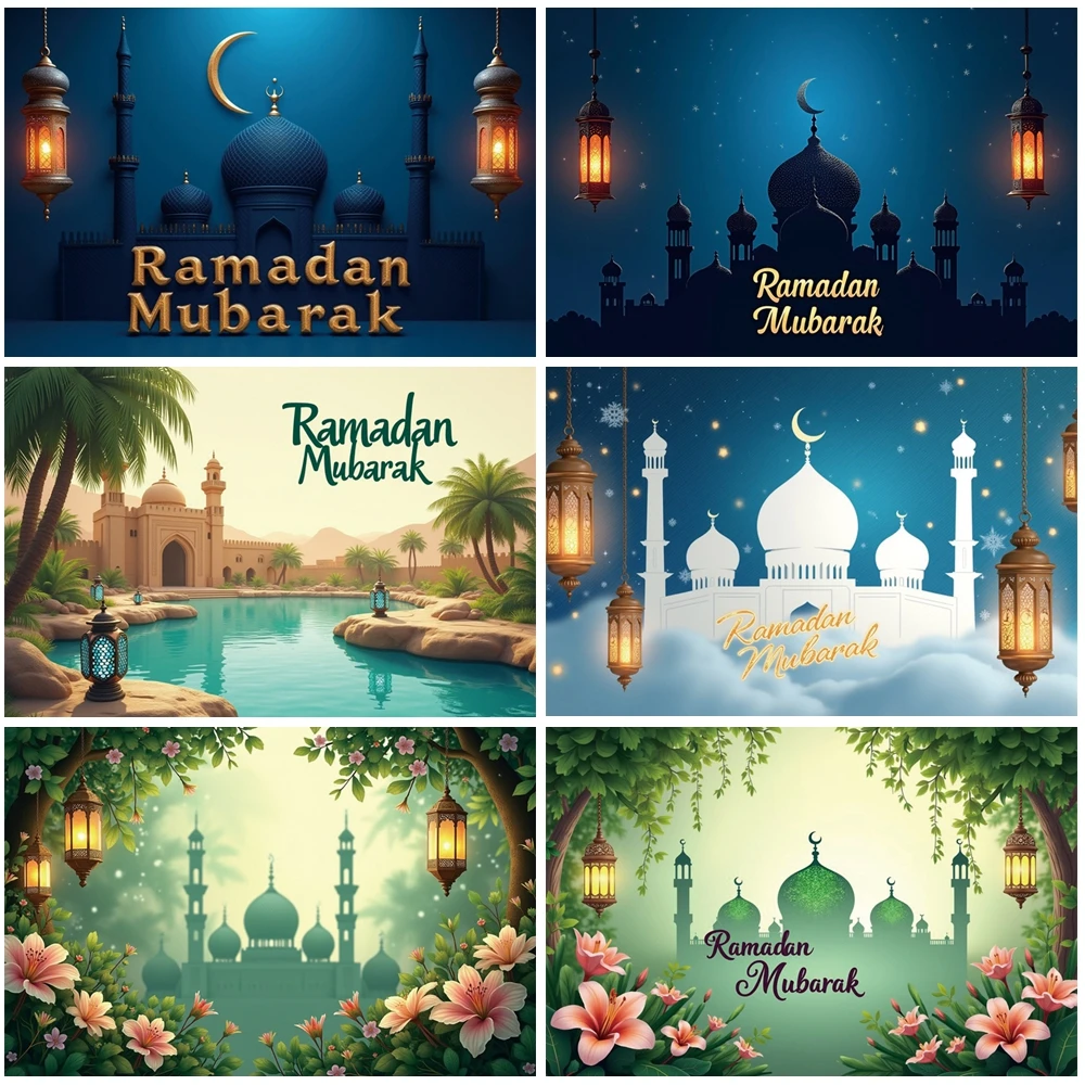 

MOON.QG Lush Garden Ramadan Photography Background Green Foliage Colorful Flowers Mosque Backdrop Accessories Photo Studio Wall