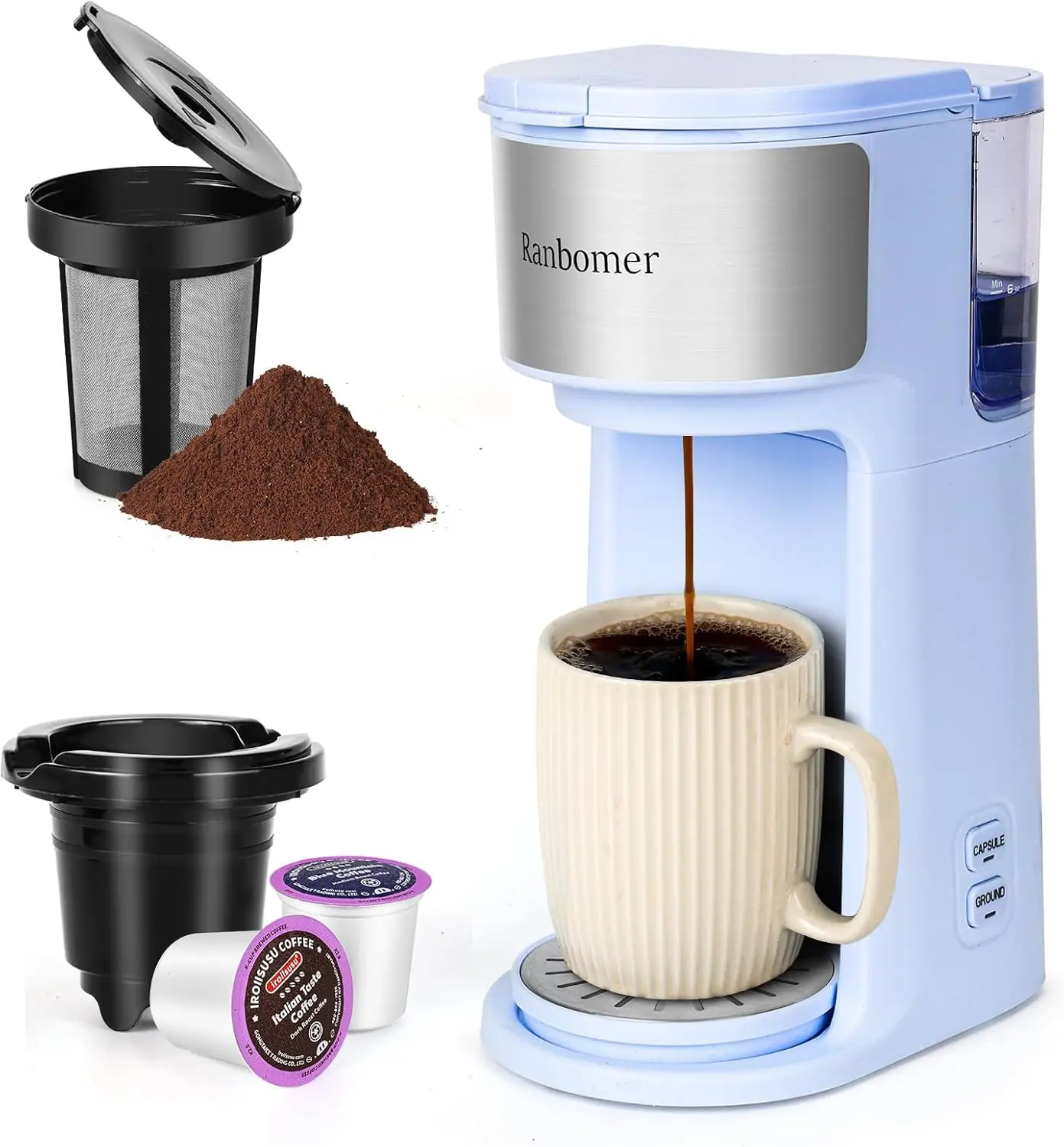 

Single Serve Coffee Maker, K Cup and Ground Coffee Machine 2 in 1, 6 to 14 Oz Brew Sizes, Mini One Cup Coffee Maker(Blue)