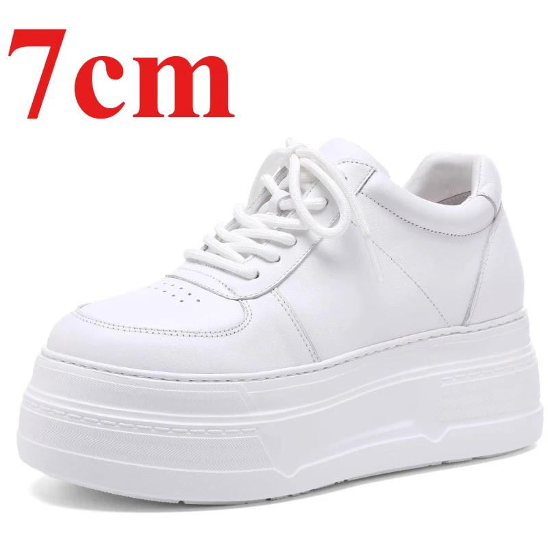 

Женские белые туфли из натуральной кожи на толстой подошве, увеличивающие рост, дышащие повседневные спортивные туфли на платформе 7 см, женские туфли на платформе