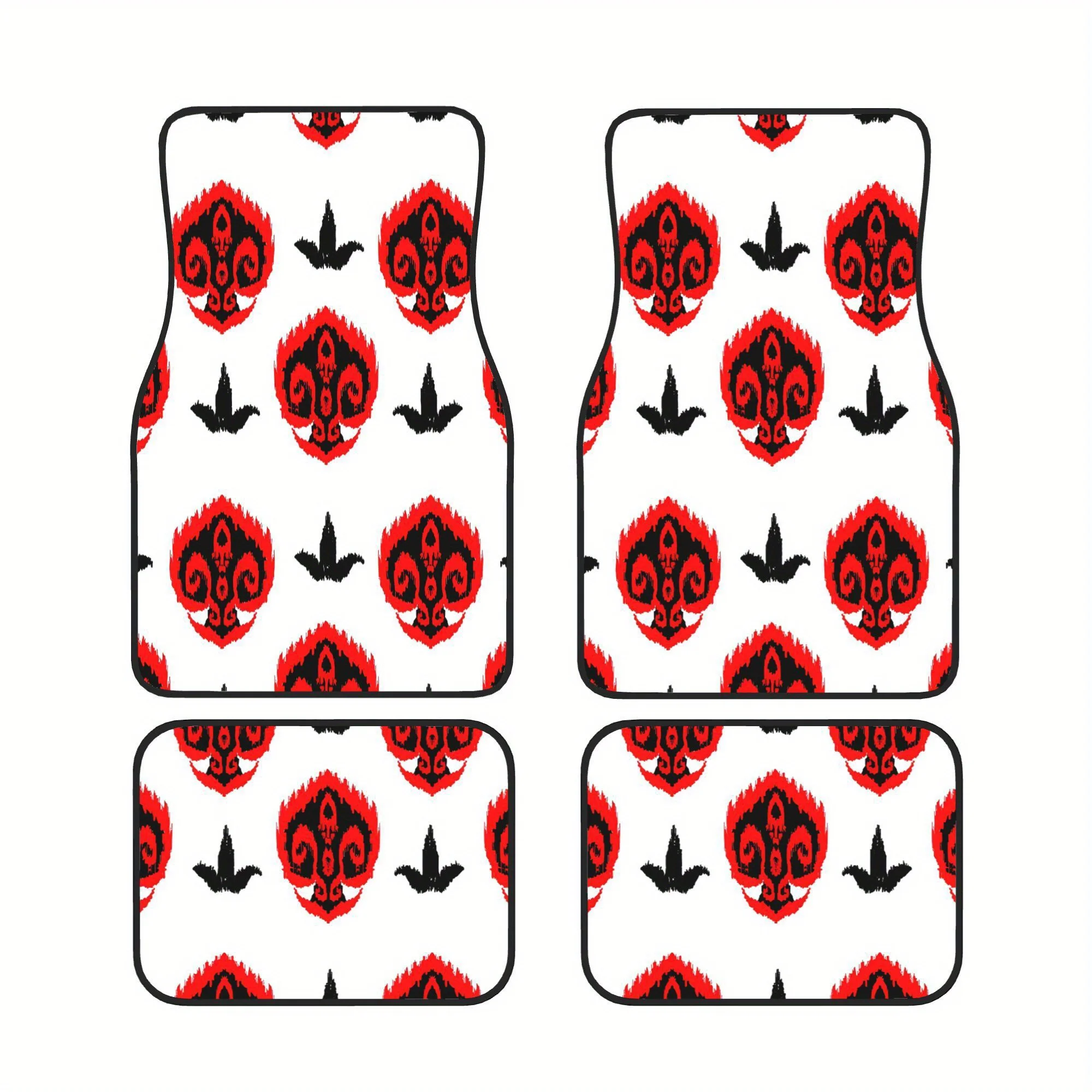 A Complete Set Of Four Car Mats Featuring A Red Tribal Design With Floral Elements In A Dark Ethnic Ikat Style, Ideal For Upgrad
