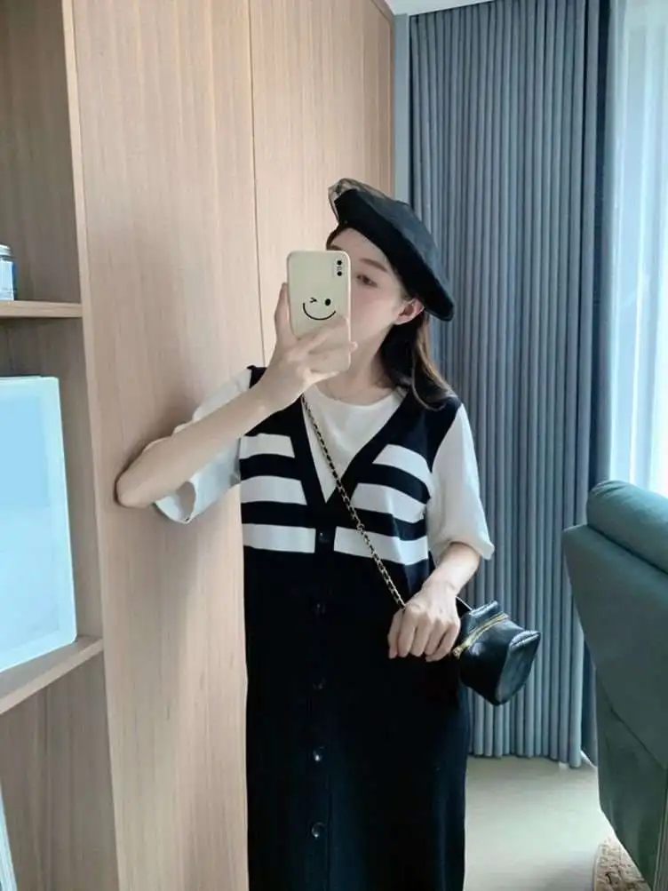 夏ルーズストライプ Tシャツロングドレス通勤スタイルルーズウエストレギュラースリーブポリエステル繊維ボディコンミッドレングスラウンドネック