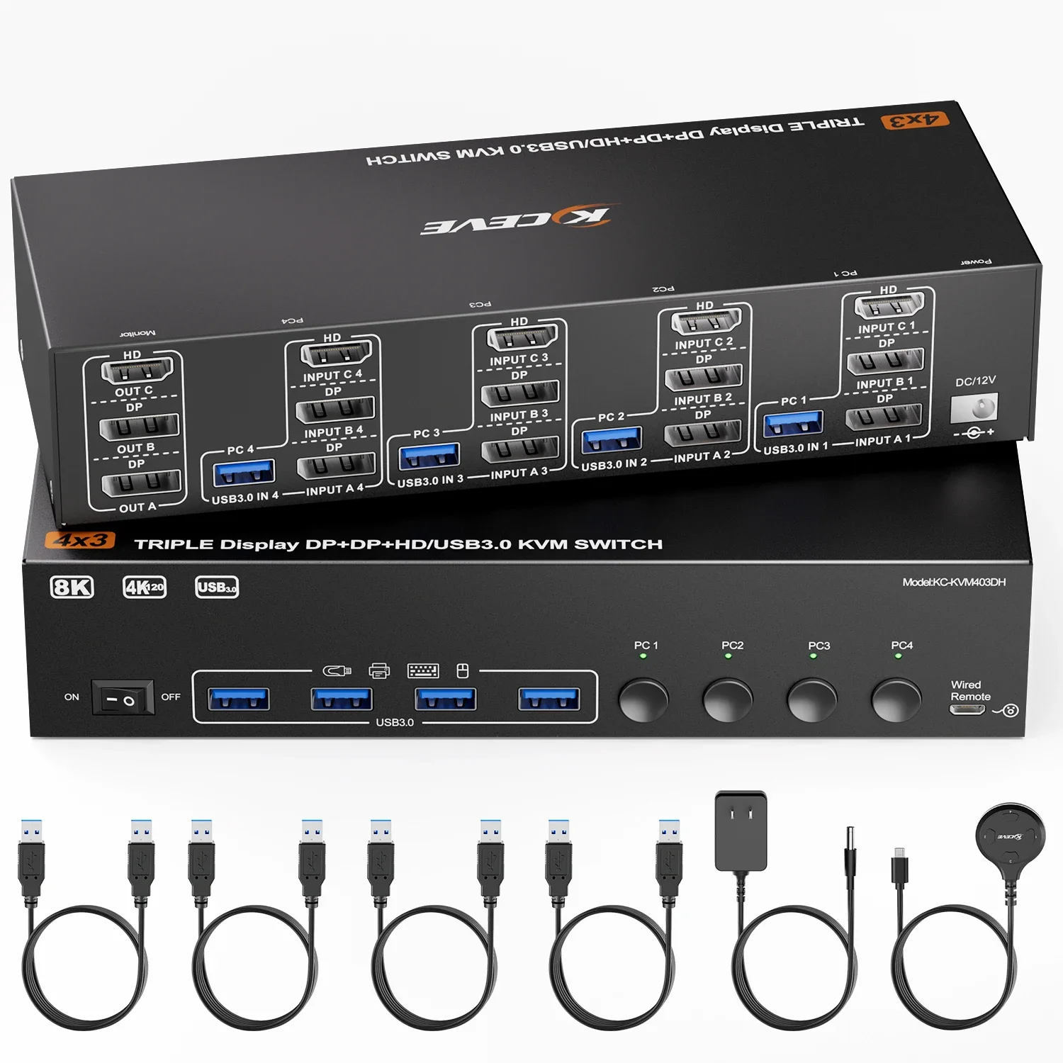 KVM Switch 3 Monitors 4 Computers 8K@60Hz 4K@144Hz, HDMI +2 Displayport Triple Monitor KVM Switch with 4 USB Ports for Keyboard