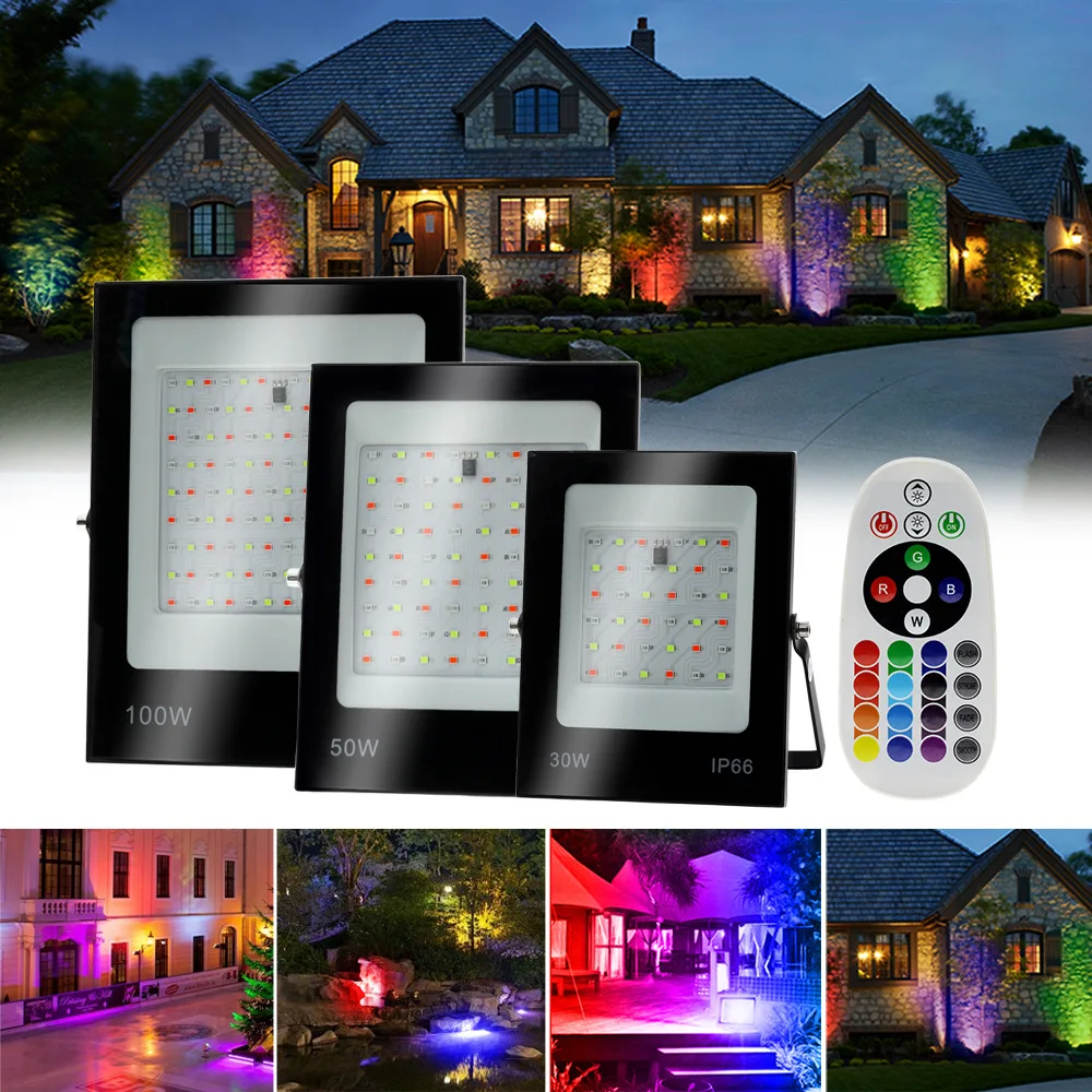 remote control Rating IP66 RGB 30W 50W 100W 200W LED Flood Light For Exterior walls of buildings, Plants in the park.