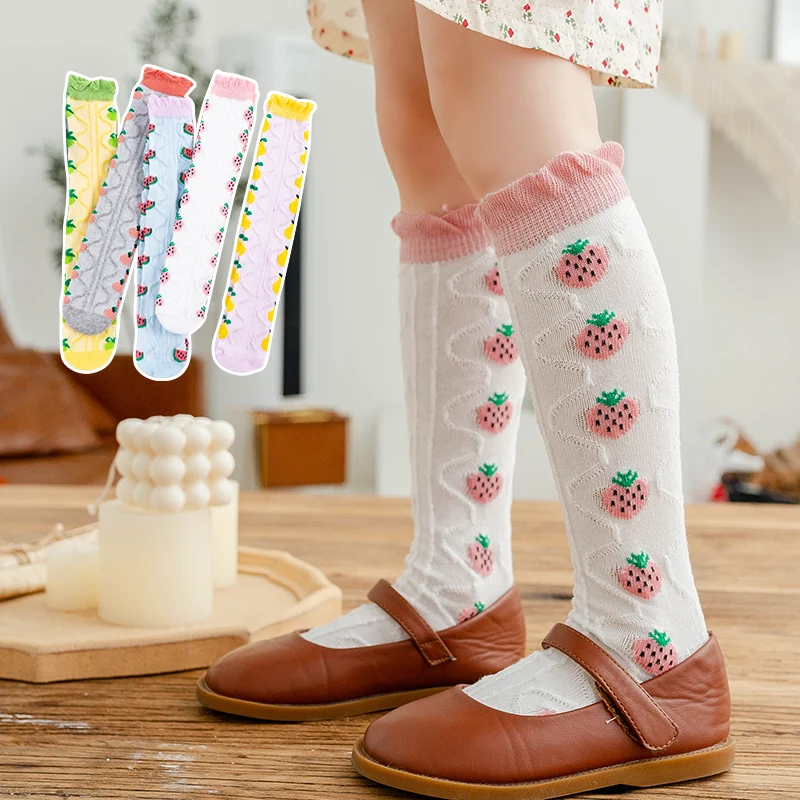 Lovely Girls Side Vertical Stripe Fruit Pattern Lace Trim Knee High Socks Wear Resistant Elastic Knit Hosiery Perfect Daily Wear