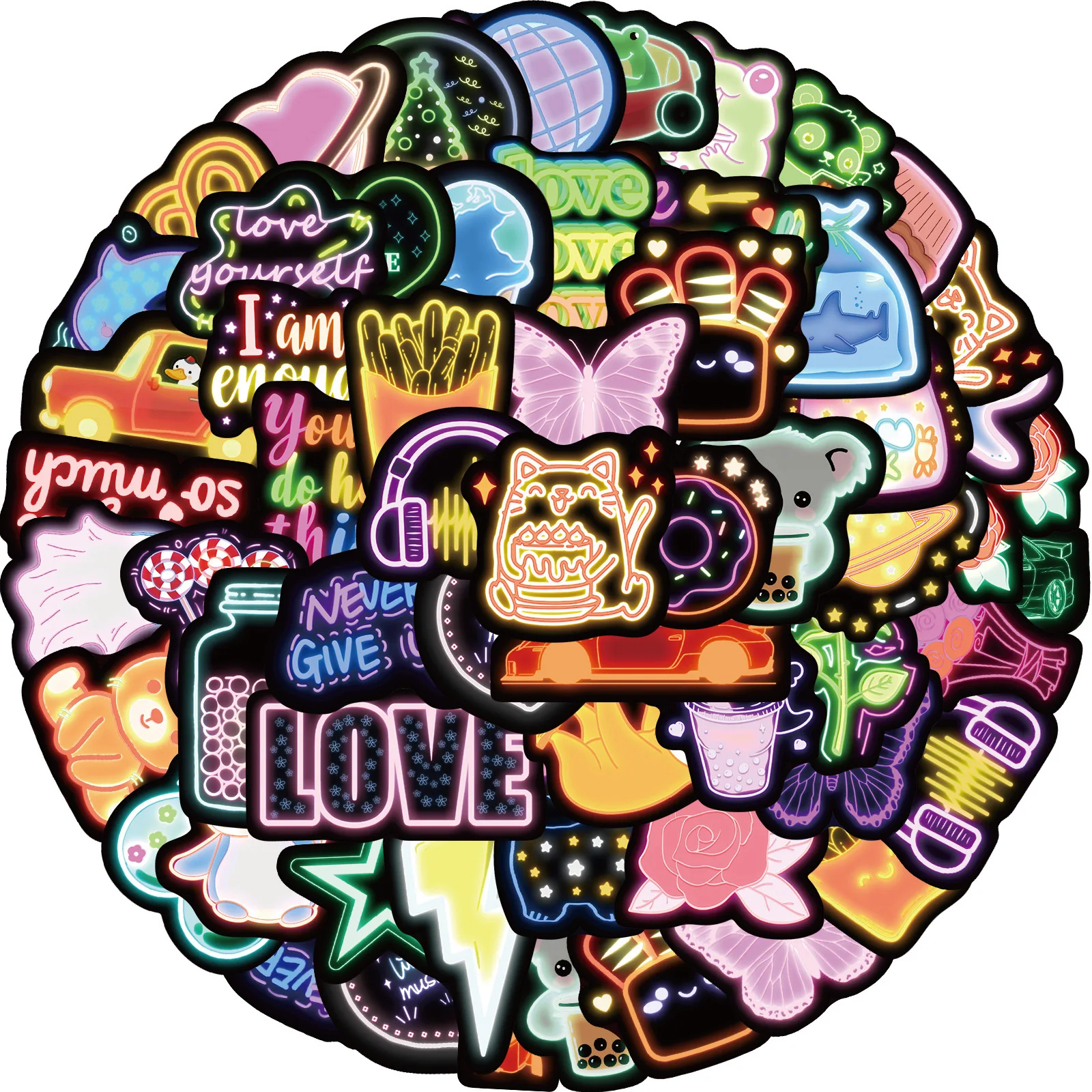 50PCS Cute Neon Lamp Cartoon Graffiti Stickers Phone Guitar Laptop Notebook Suitcase Cup Waterproof Sticker Decals Kids Toys