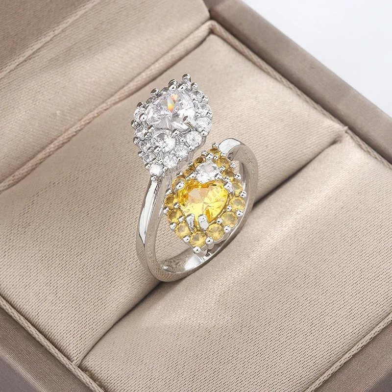 New Yellow Diamond Diamond Ring Women's Fashion 925 Silver Plated Light Luxury Leaf Shape Open Ring Party Banquet Jewelry