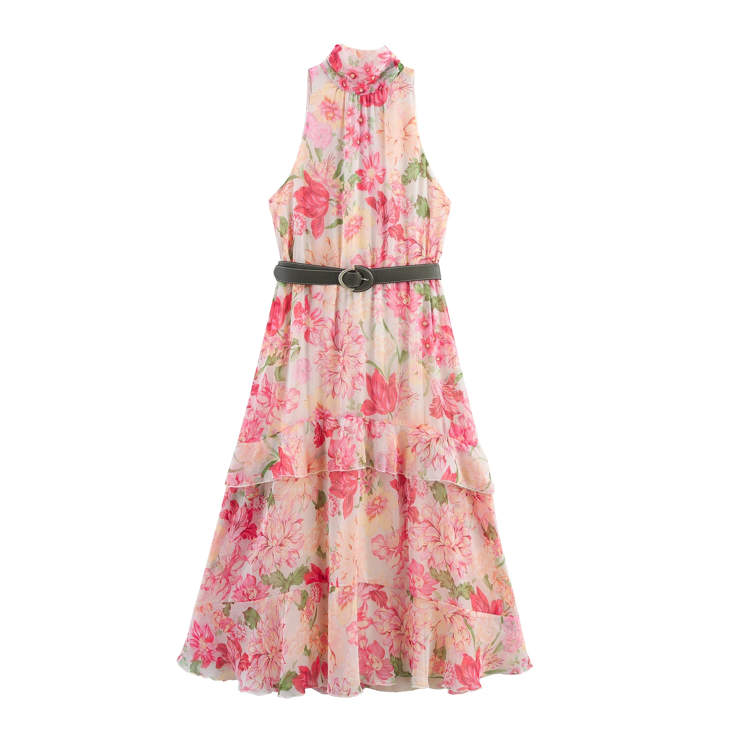 

Topenomi Elegant Printed Stand Collar Sleeveless Long Dresses Women Summer Fairy Belt Waist Tierred Ruffle A-line Beach Dress