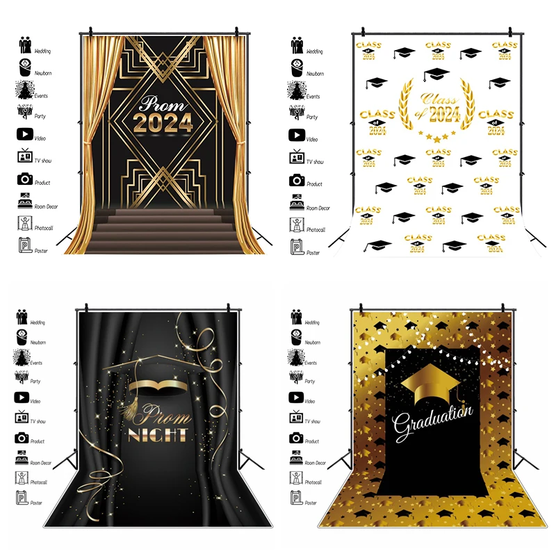 Congratulazioni 2024 sfondo festa di laurea Decor Poster berretto da scapolo palloncino d'oro pois sfondo fotografico nero
